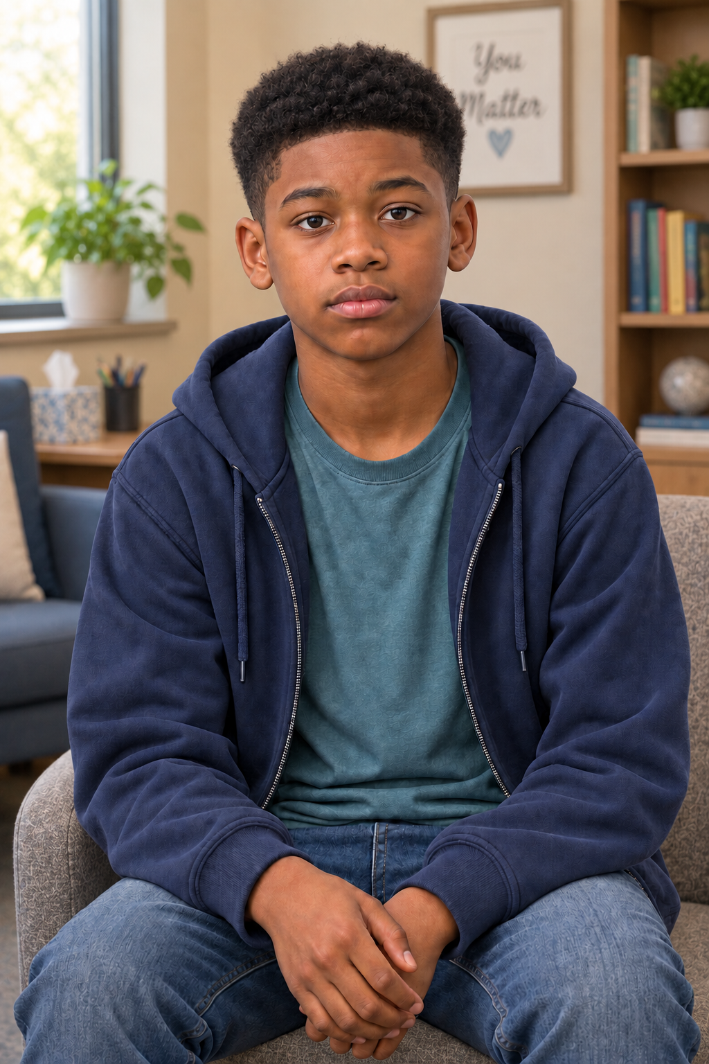 Jordan seated in a school social work office